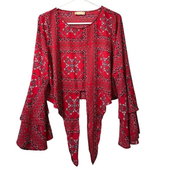 Altar'd State Anthropologie Size Medium Crop Top Tie Polyester Bell Sleeves Boho - Picture 1 of 10